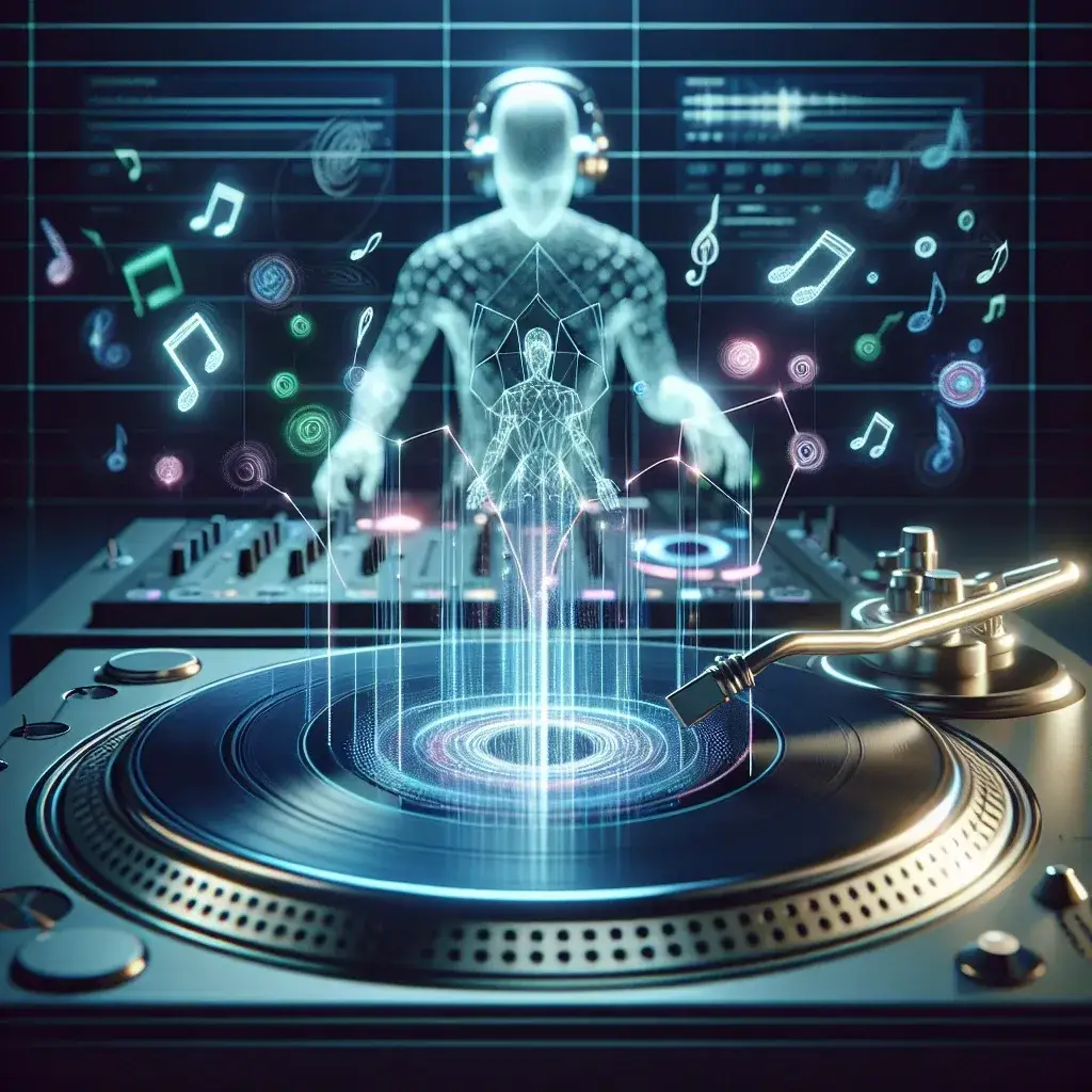 "DJ Virtual YouTube Music dengan Suara Sintetis: Menampilkan tampilan antarmuka baru yang inovatif dan fitur-fitur menarik dalam aplikasi musik streaming."