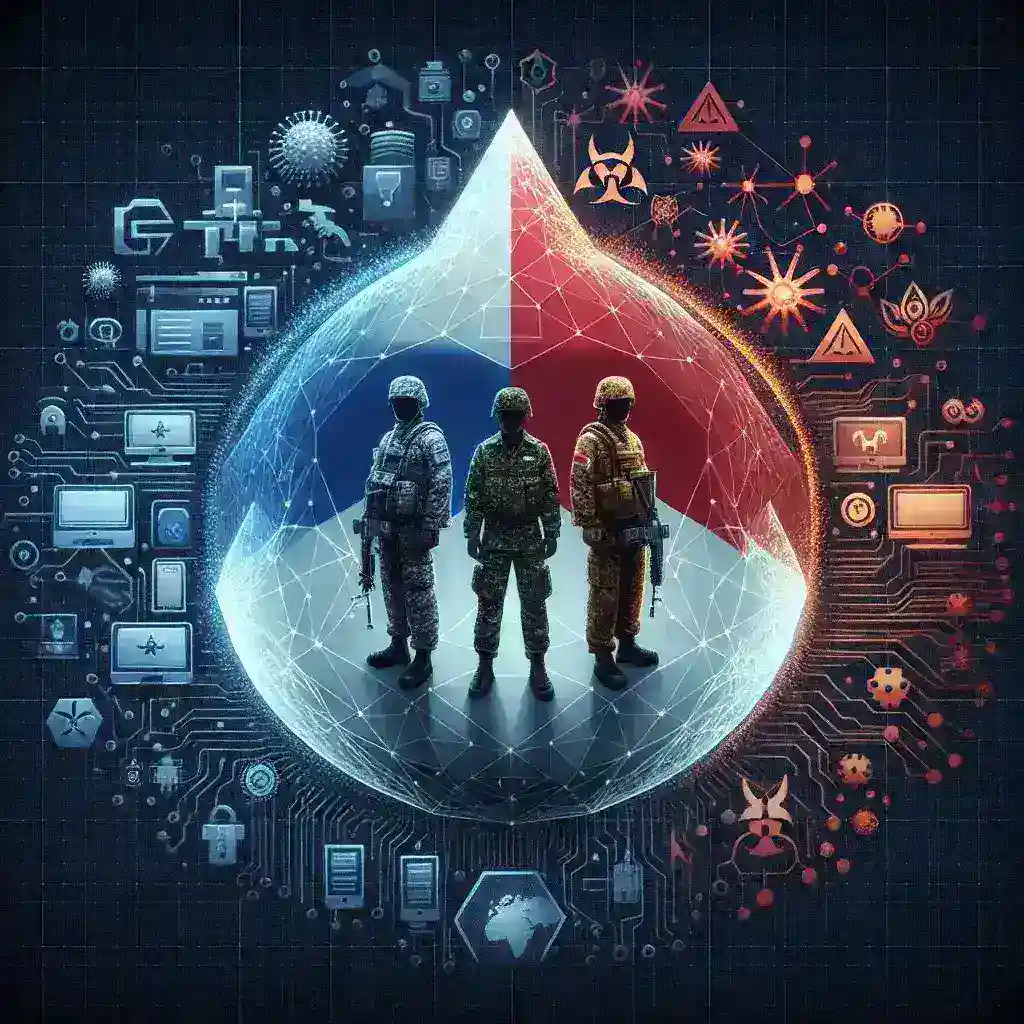 "Kolaborasi antara Cyber Force, TNI, dan BSSN dalam meningkatkan keamanan siber Indonesia, menampilkan tim bekerja sama di ruang kontrol dengan layar komputer yang menunjukkan data dan grafik keamanan siber."