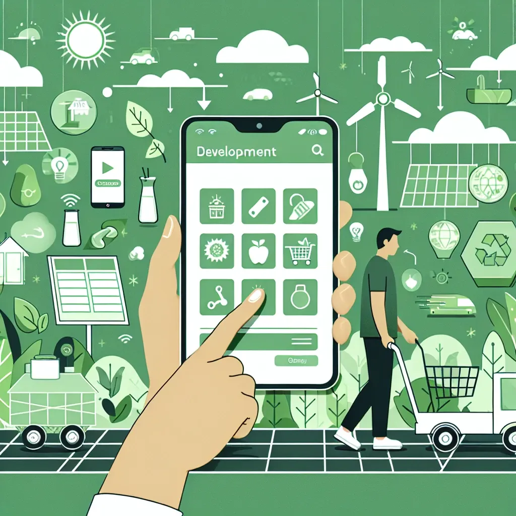 "Ilustrasi aplikasi mobile yang mendukung gaya hidup rendah karbon, menampilkan fitur pelacakan emisi, saran transportasi ramah lingkungan, dan tips keberlanjutan."